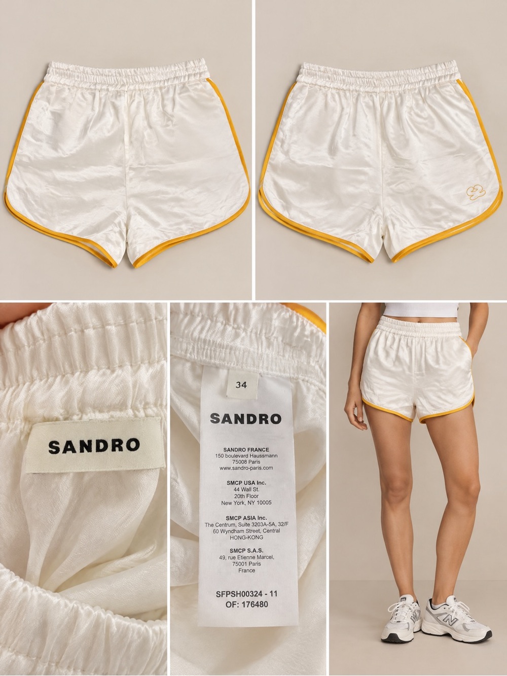 Sandro White Satin Athletic Shorts with Yellow Trim